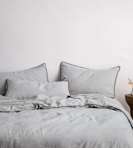 Light Grey with Black Piping -  100% Pure Linen or Linen Cotton | 3 Piece Piped Duvet Cover Set | Handmade | Pre-washed