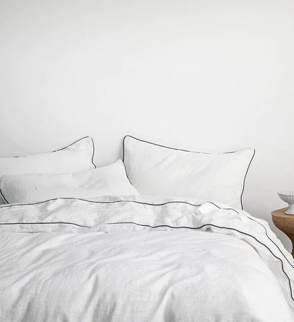 White with Navy Piping  - 100% Pure Linen or Linen Cotton | 3 Piece Piped Duvet Cover Set | Handmade | Pre-washed