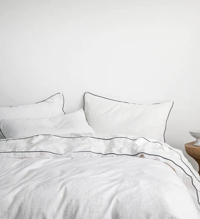 White with Navy Piping  - 100% Pure Linen or Linen Cotton