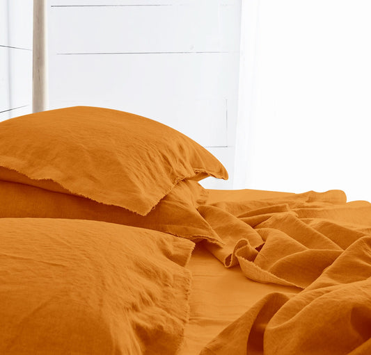 Raw Edged Mustard - 100% Pure Linen | Linen Cotton Mix | 3 Piece Duvet Cover Set | 4 Piece Sheet Set | Handmade | Pre-washed | Soft