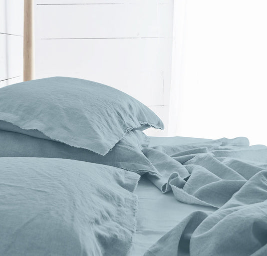 Raw Edged Sky Blue - 100% Pure Linen | Linen Cotton Mix | 3 Piece Duvet Cover Set | 4 Piece Sheet Set | Handmade | Pre-washed | Soft