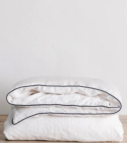 White with Navy Piping  - 100% Pure Linen or Linen Cotton | 3 Piece Piped Duvet Cover Set | Handmade | Pre-washed