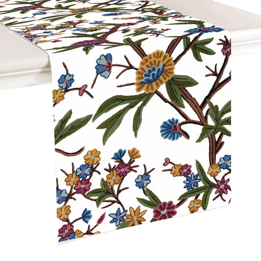 Sienna - Crewel Embroidered Table Runner | Linen Cotton Mix | Soft | Handmade | Cotton Linen Backing | Customisable Sizes