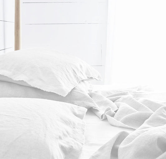 Raw Edged White - 100% Pure Linen | Linen Cotton Mix | 3 Piece Duvet Cover Set | 4 Piece Sheet Set | Handmade | Pre-washed | Soft