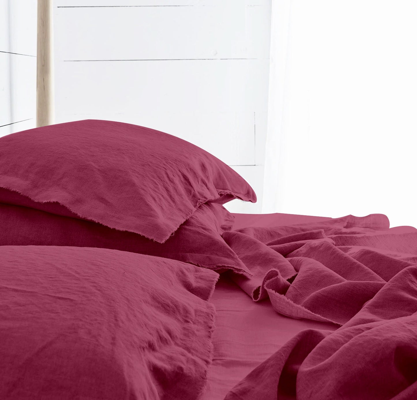 Raw Edged Berry - 100% Pure Linen | Linen Cotton Mix | 3 Piece Duvet Cover Set | 4 Piece Sheet Set | Handmade | Pre-washed | Soft