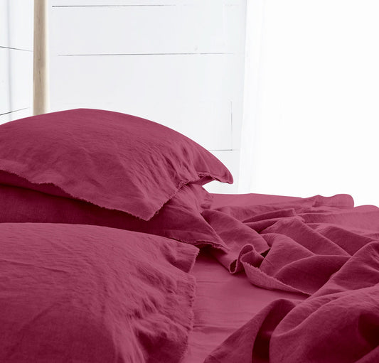 Raw Edged Berry - 100% Pure Linen | Linen Cotton Mix | 3 Piece Duvet Cover Set | 4 Piece Sheet Set | Handmade | Pre-washed | Soft