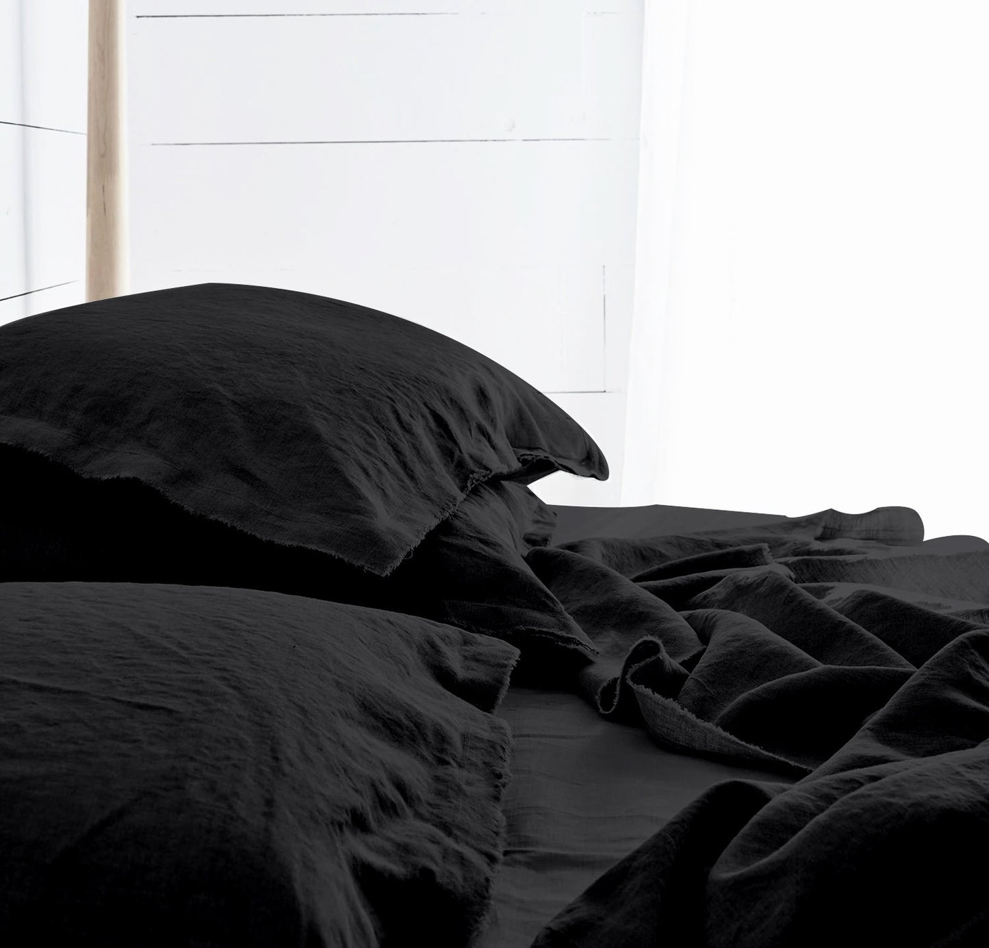 Raw Edged Pure Black - 100% Pure Linen | Linen Cotton Mix | 3 Piece Duvet Cover Set | 4 Piece Sheet Set | Handmade | Pre-washed | Soft
