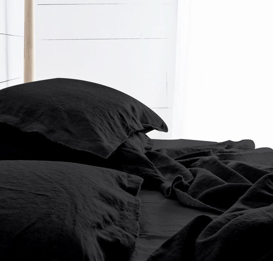 Raw Edged Pure Black - 100% Pure Linen | Linen Cotton Mix | 3 Piece Duvet Cover Set | 4 Piece Sheet Set | Handmade | Pre-washed | Soft