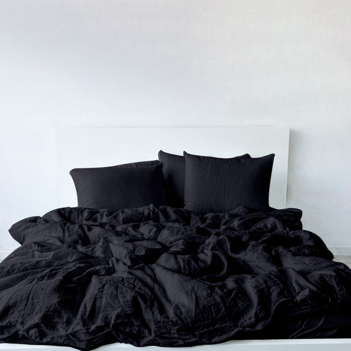 Raw Edged Pure Black - 100% Pure Linen | Linen Cotton Mix | 3 Piece Duvet Cover Set | 4 Piece Sheet Set | Handmade | Pre-washed | Soft