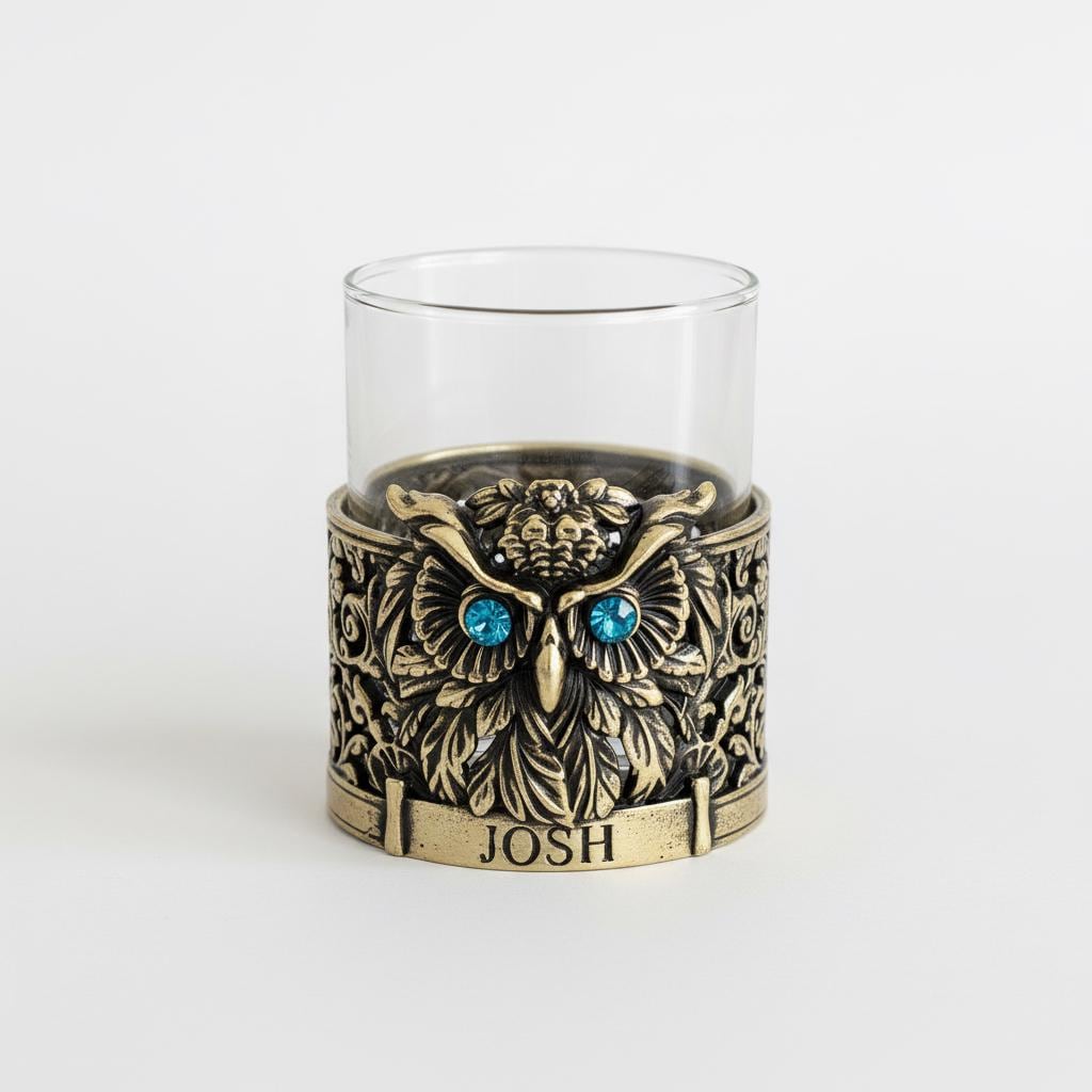 Gemstone owl whiskey glass in antique brass with blue stone eyes and JOSH on the band