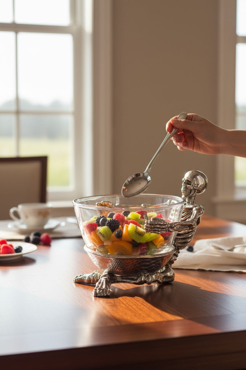 Skeleton Bowl with Glass Insert – Gothic Decorative Dish | Gold, Silver or Antique Finish | Halloween Candy Bowl & Home Decor