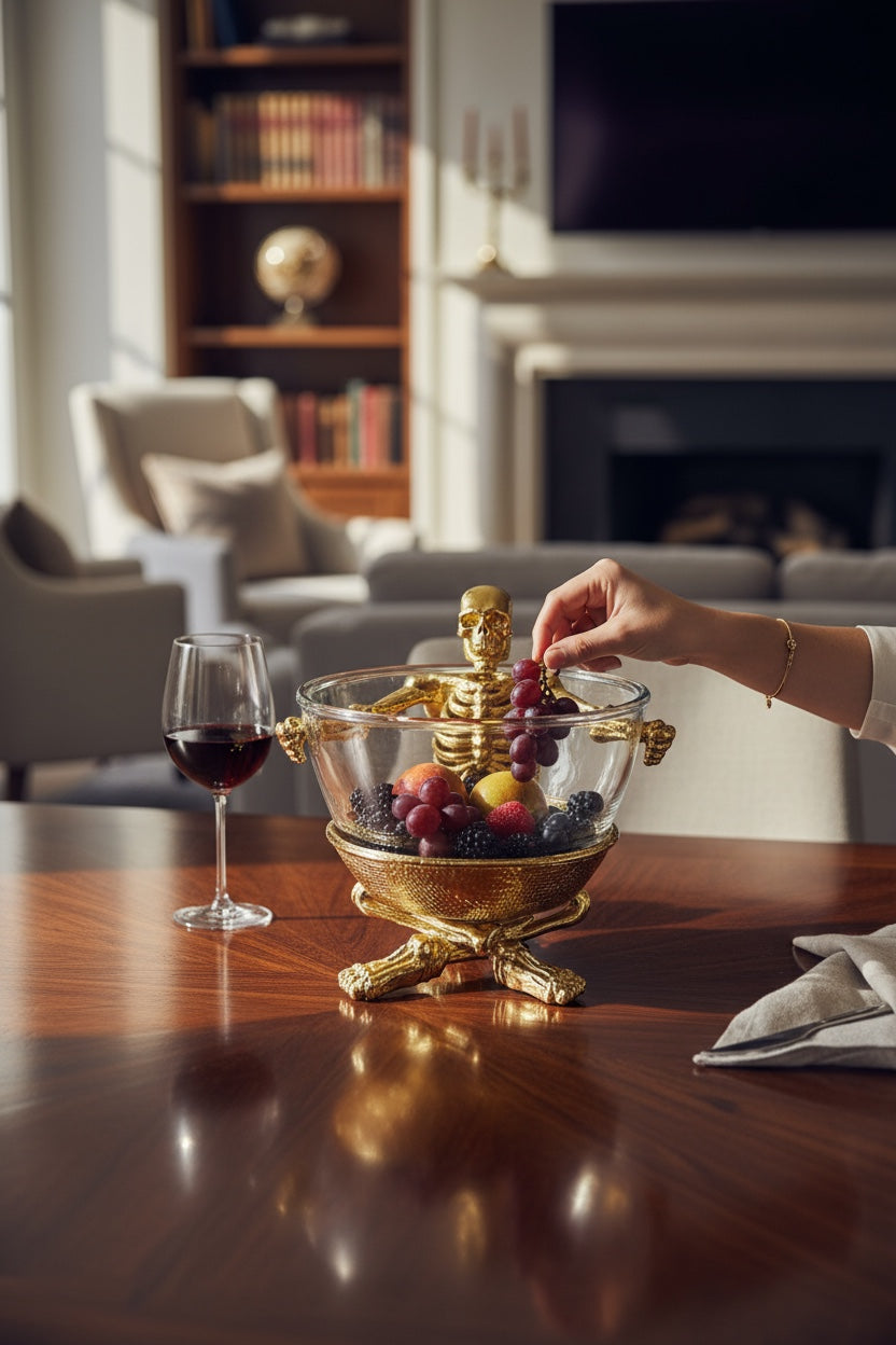Skeleton Bowl with Glass Insert – Gothic Decorative Dish | Gold, Silver or Antique Finish | Halloween Candy Bowl & Home Decor