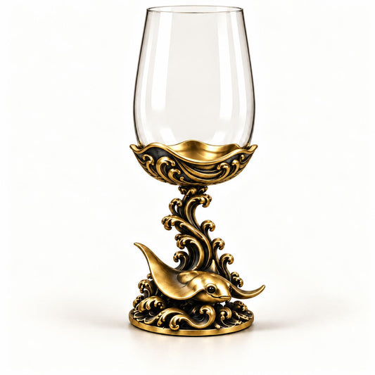 Manta Ray wine glass with a clear bowl and sculptural antique brass stem