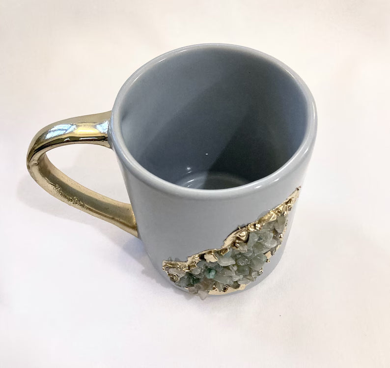 Set of 2 |Personalised Grey, Gold Ceramic Big Coffee/Tea/Juice/Beverage Mug, Light Green Semi-precious Agate Crystal Gemstones | 12 oz/355ml