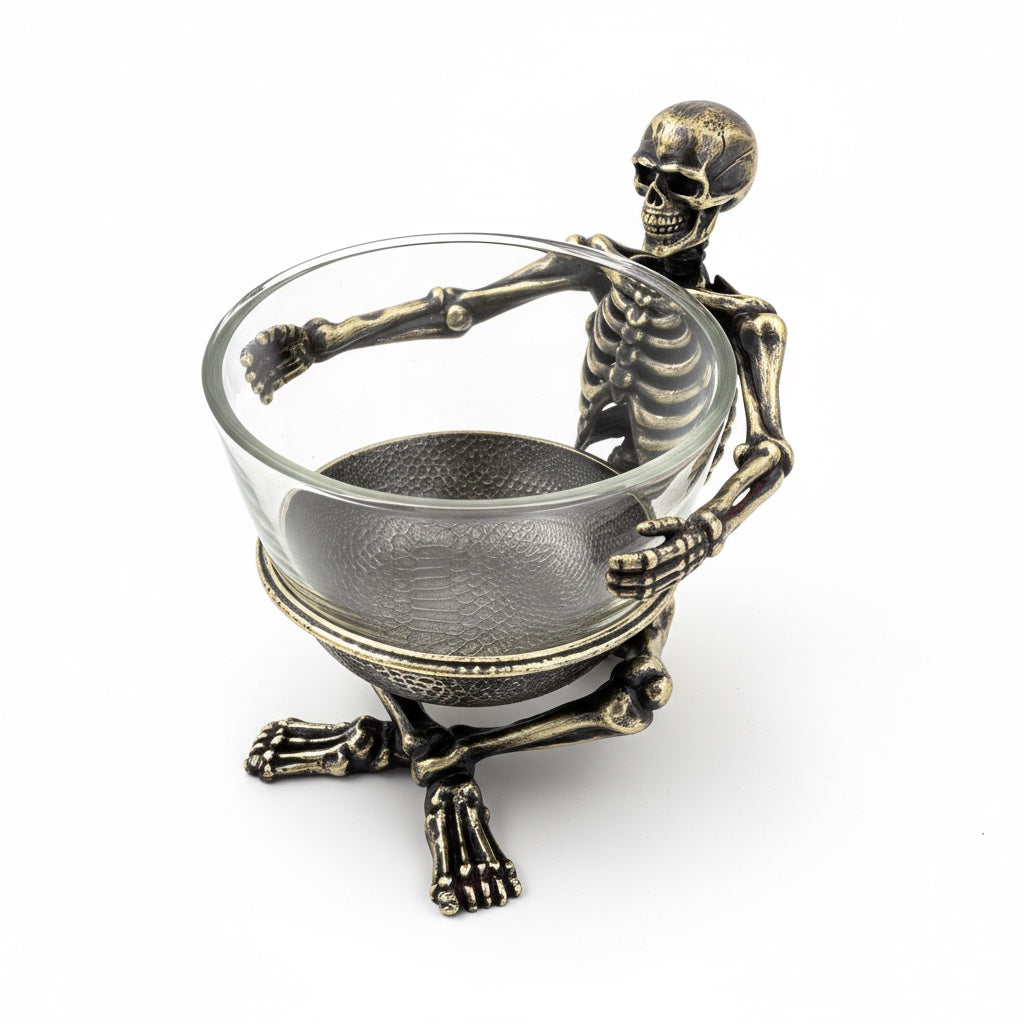 Skeleton Bowl with Glass Insert – Gothic Decorative Dish | Gold, Silver or Antique Finish | Halloween Candy Bowl & Home Decor