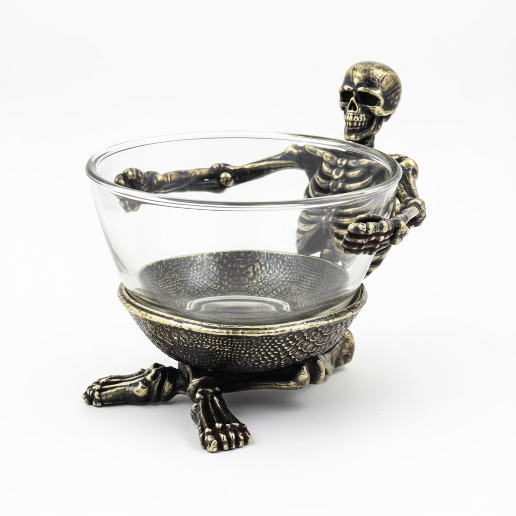 Skeleton Bowl with Glass Insert – Gothic Decorative Dish | Gold, Silver or Antique Finish | Halloween Candy Bowl & Home Decor