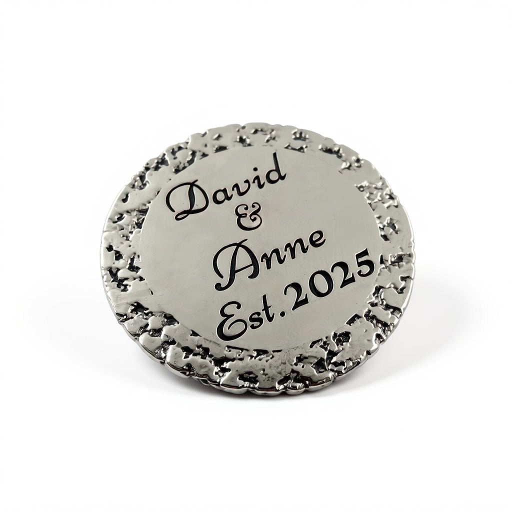 Custom engraved round coasters | Personalized metal name decor in gold, silver or antique | set of 4