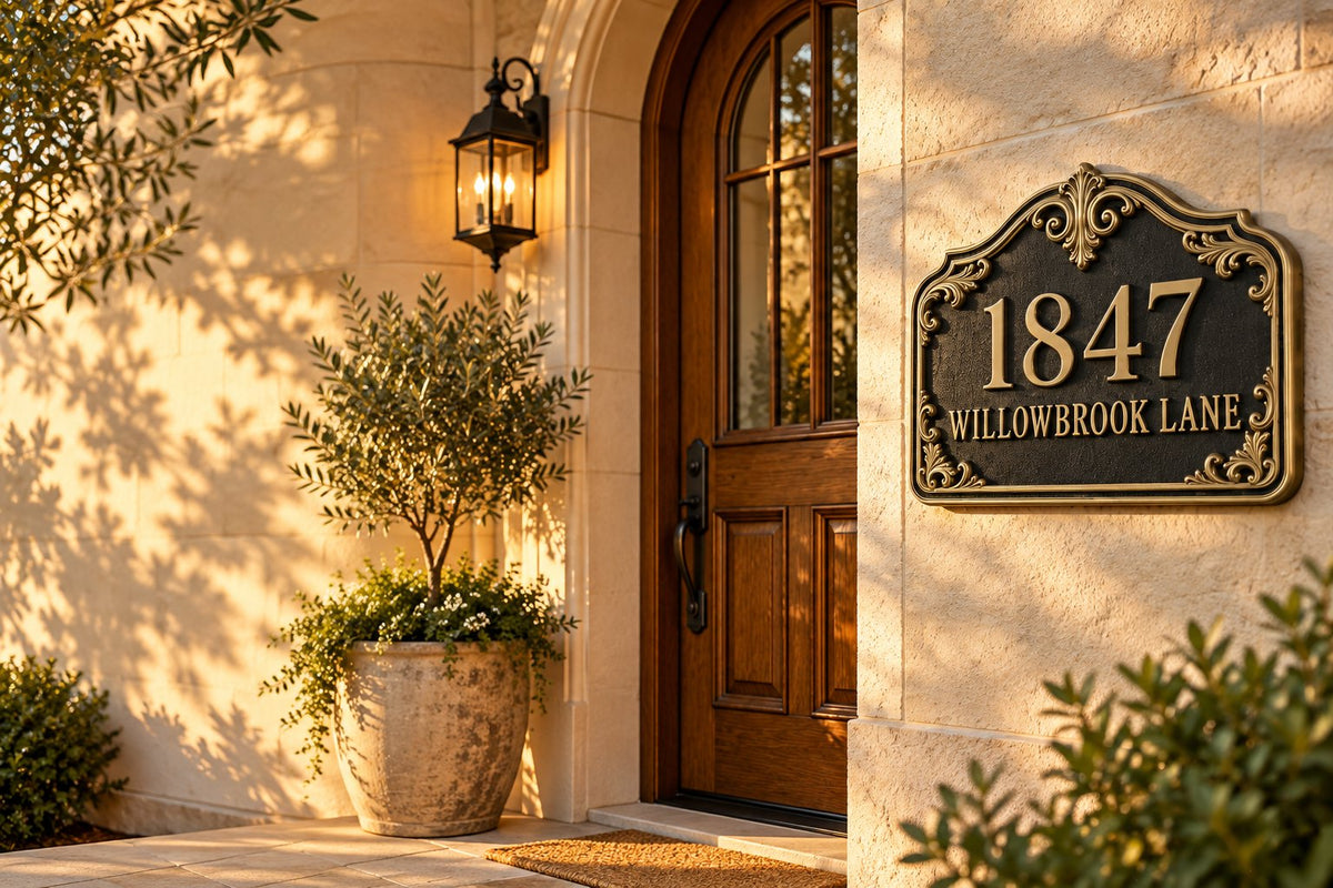 Black and antique brass house number plaque reading 1847 Willowbrook Lane on a limestone wall beside a wooden front door, in warm evening light