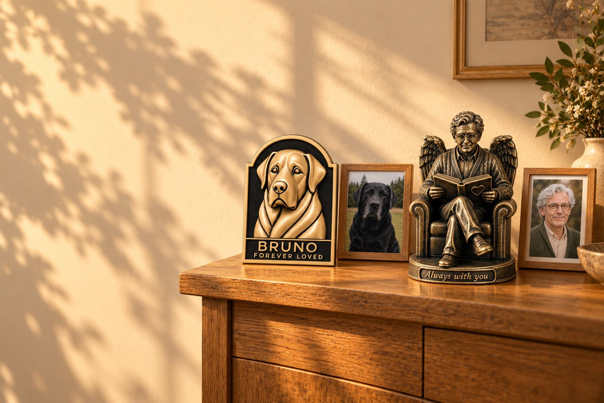 Antique brass dog portrait plaque reading Bruno Forever Loved and a brass memorial figurine of a grandfather reading a book, beside the photos they were made from, on an oak sideboard