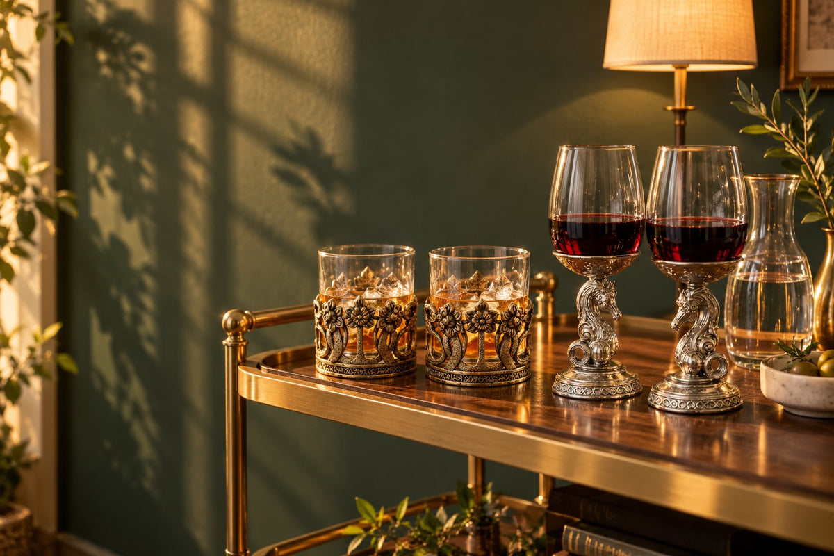 Gold Crown Dragon whiskey glasses and silver Knight wine glasses on a brass bar cart against a deep green wall