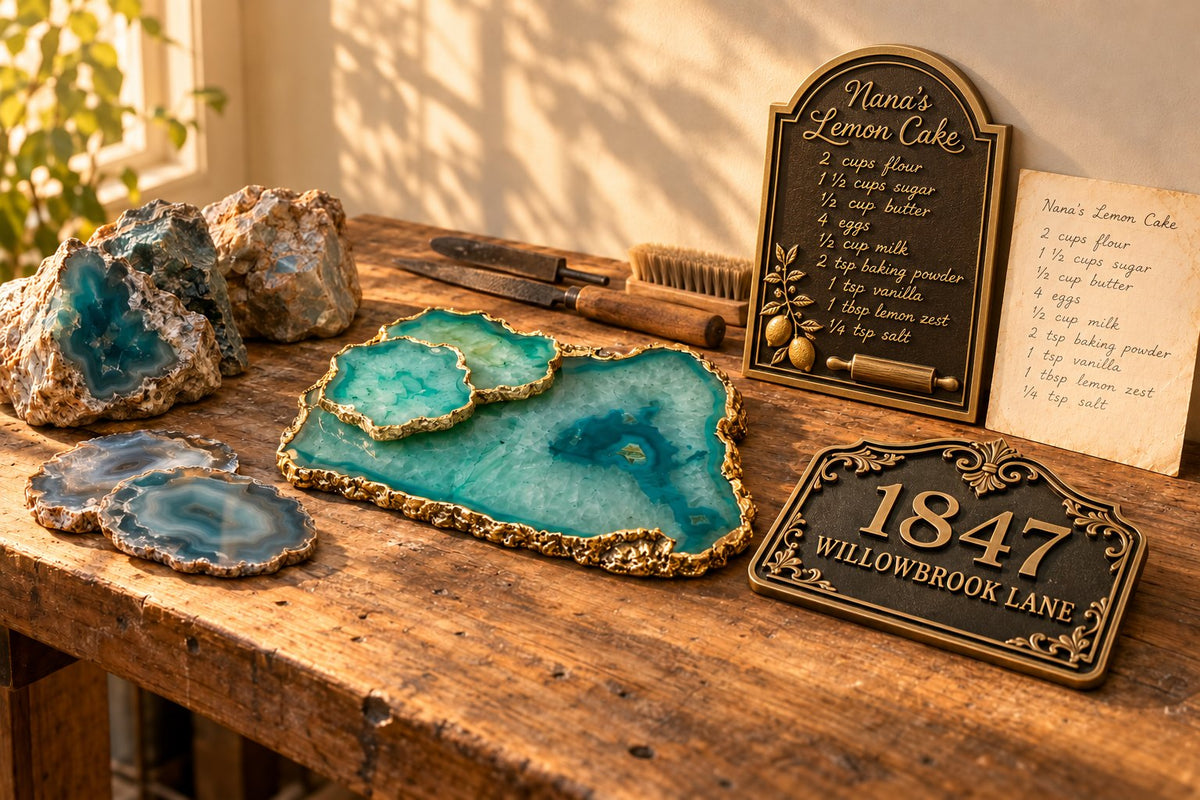 Raw agate stones, gold-edged agate coasters and board, a Nana's Lemon Cake recipe plaque and an 1847 Willowbrook Lane house plaque on a wooden workbench