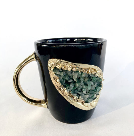 Set of 2 |Personalised Black and Gold Ceramic Coffee/Tea Mug with Light Green Semi-precious Agate Crystal Gemstones | 8 oz