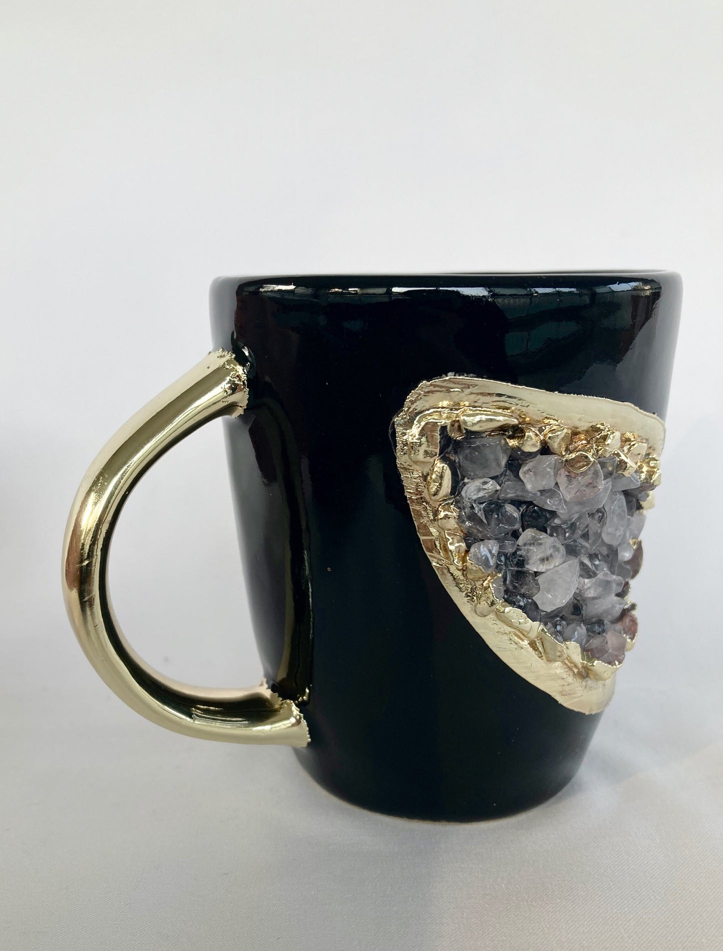 Personalised Black and Gold Ceramic Coffee/Tea Mug with Rose Quartz Semi-precious Agate Crystal Gemstones | 8 oz