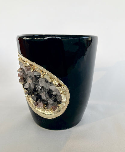 Personalised Black and Gold Ceramic Coffee/Tea Mug with Rose Quartz Semi-precious Agate Crystal Gemstones | 8 oz