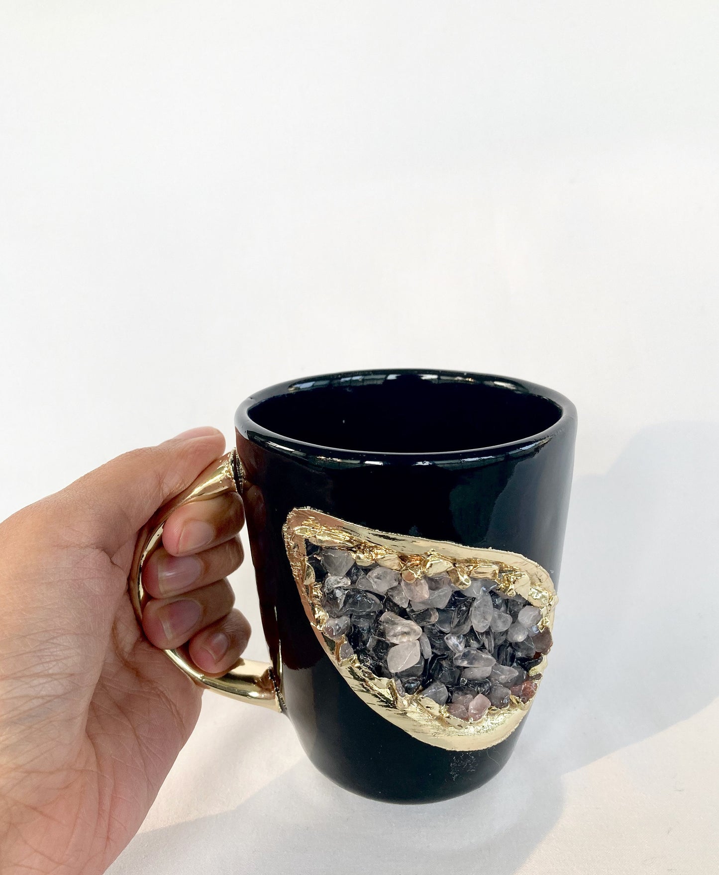 Personalised Black and Gold Ceramic Coffee/Tea Mug with Rose Quartz Semi-precious Agate Crystal Gemstones | 8 oz