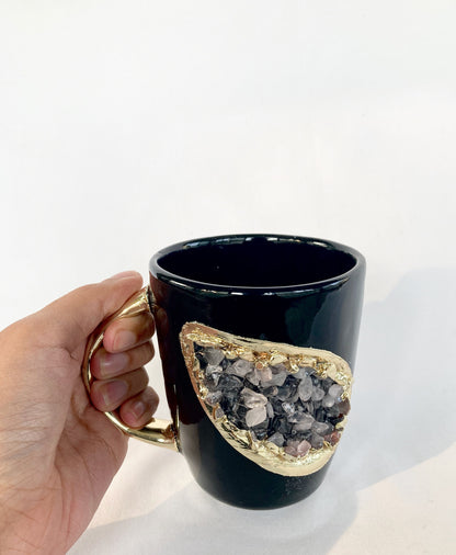 Personalised Black and Gold Ceramic Coffee/Tea Mug with Rose Quartz Semi-precious Agate Crystal Gemstones | 8 oz