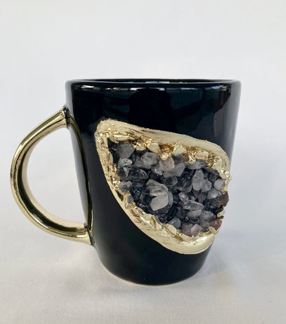 Personalised Black and Gold Ceramic Coffee/Tea Mug with Rose Quartz Semi-precious Agate Crystal Gemstones | 8 oz