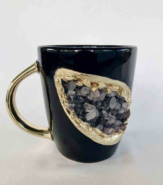 Personalised Black and Gold Ceramic Coffee/Tea Mug with Rose Quartz Semi-precious Agate Crystal Gemstones | 8 oz