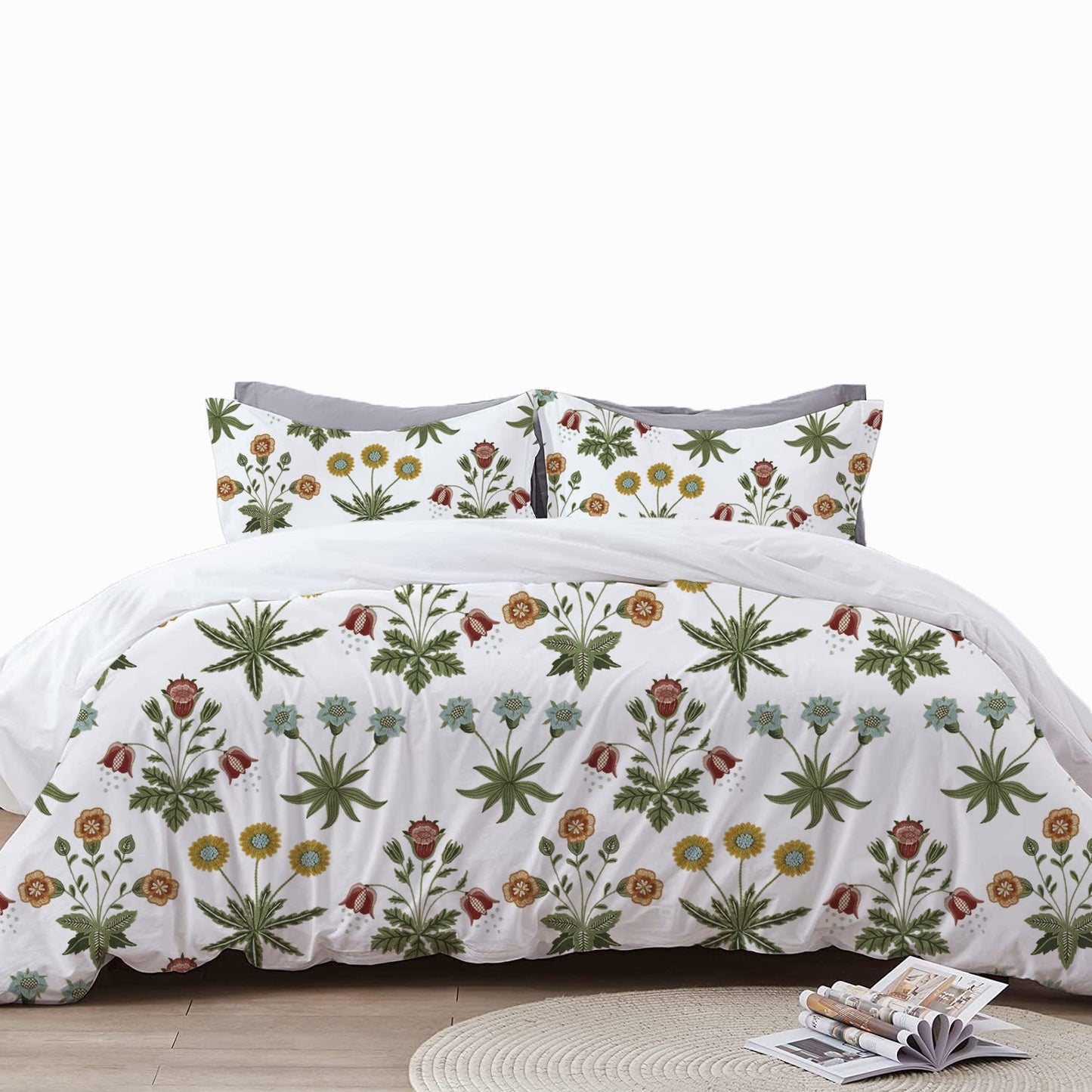 Jolie - 3 Piece Crewel Embroidered Duvet Set | Linen Cotton Mix | Embroidered Duvet Cover with Embroidered Pillowcases | Handmade | Soft
