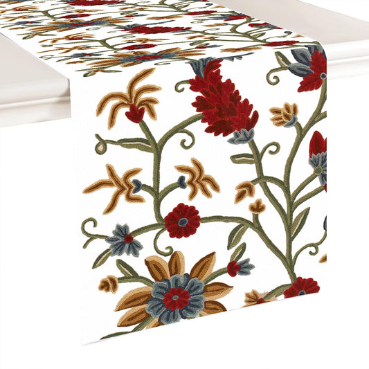 Sarah - Crewel Embroidered Table Runner | Linen Cotton Mix | Soft | Handmade | Cotton Linen Backing | Customisable Sizes